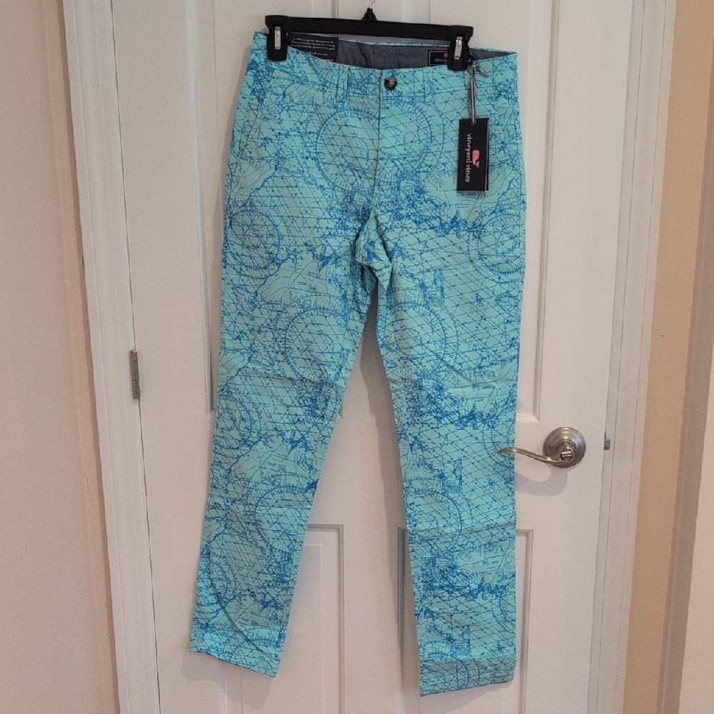 Vineyard Vines Breaker Pant, Blue Map Print Pants, Size 30 Waist 32 Length